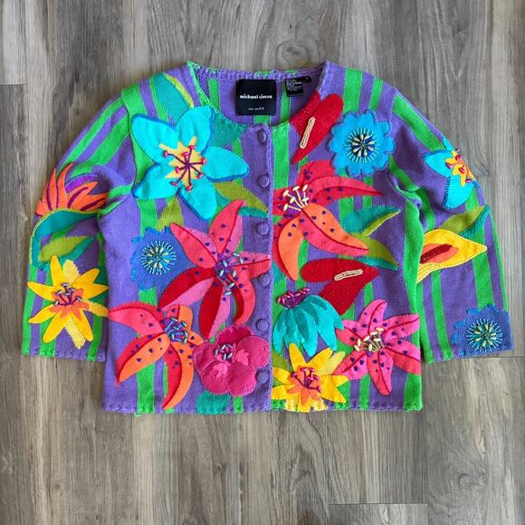 Vintage 1999 Michael Simon Flower Cardigan Sweater Size M RARE Flowers Beads - Picture 1 of 6